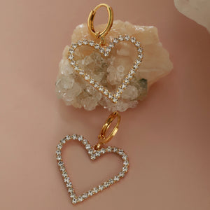 Crystal Heart Hoop Earrings Gold