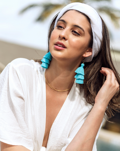 Baby blue tassel hoop earrings