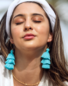 Baby blue color tassel hoop earrings 