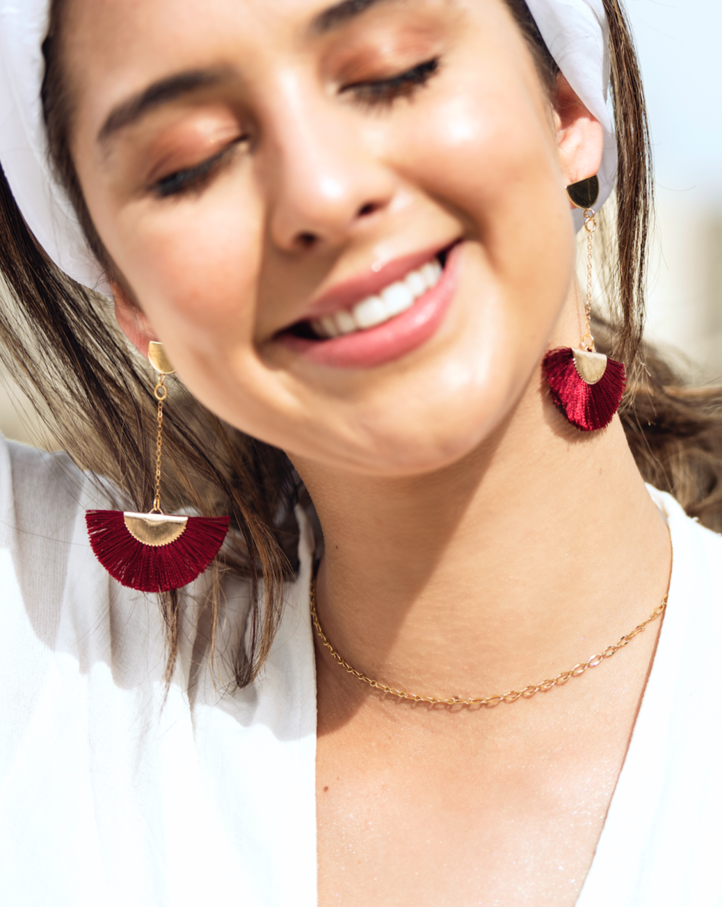 Romantic Red tassel cotton drop earrings gold earrings red earrings